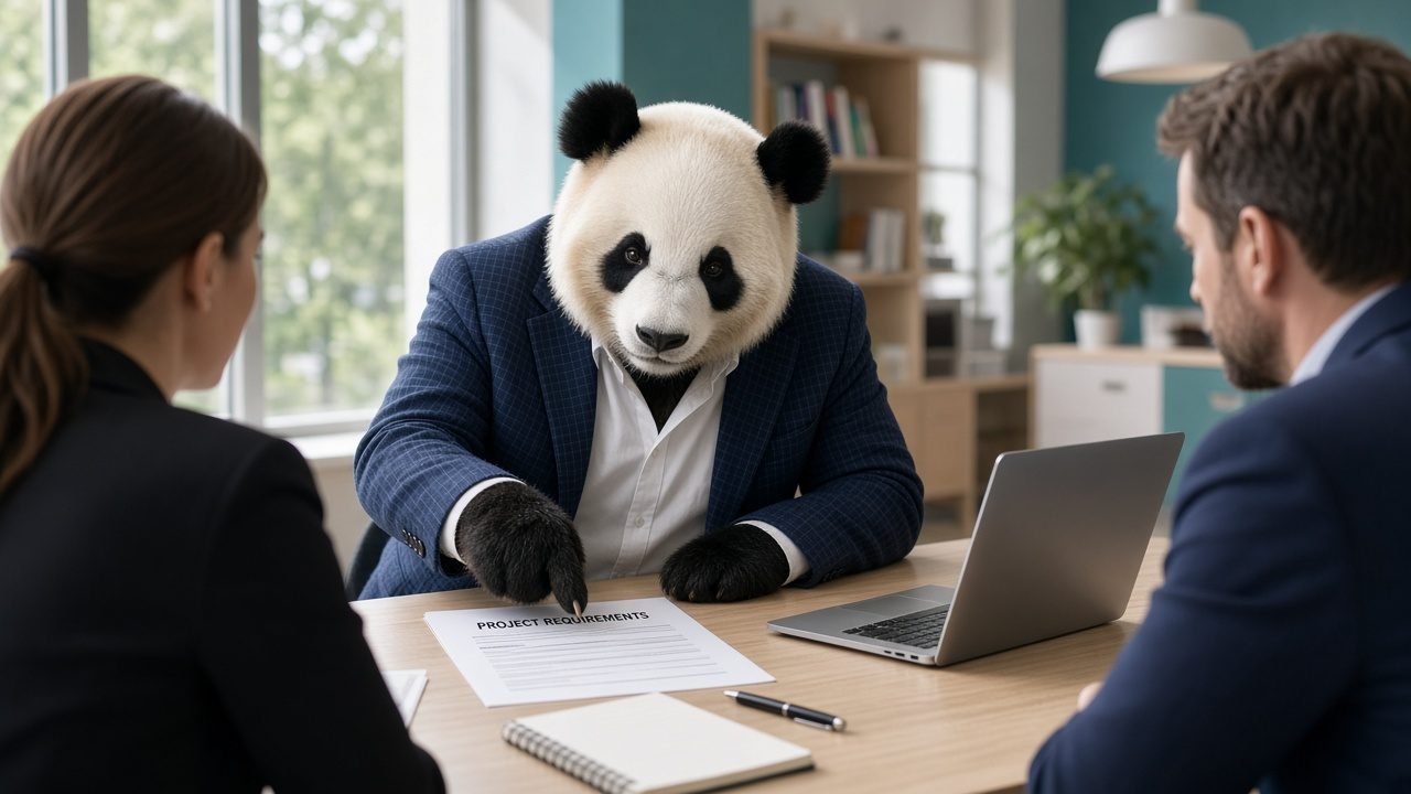 Stilisert panda som går gjennom en kravspesifikasjon med kunden rundt et møtebord